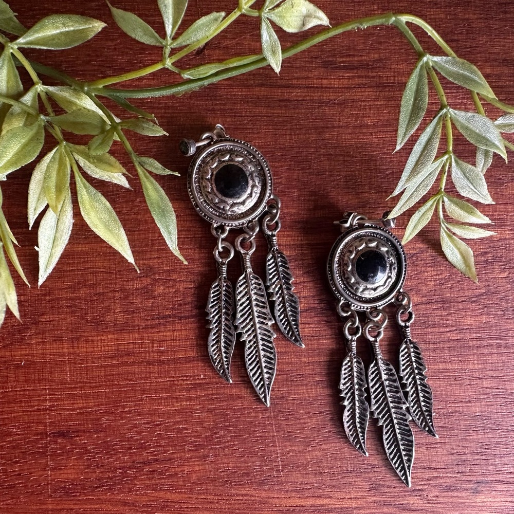 Bohemian Black Onyx Silver Feather Dangle Earrings
